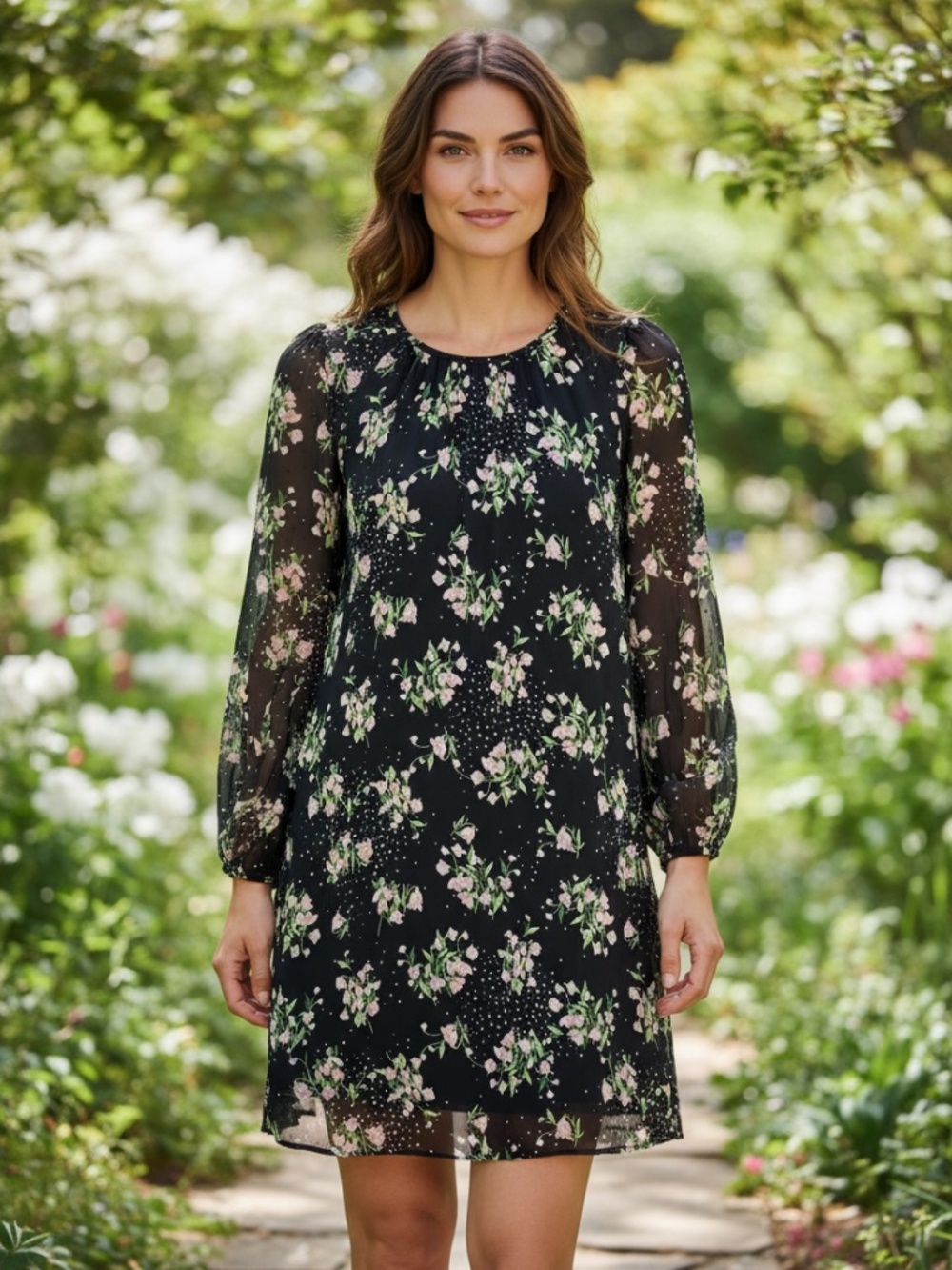 Tommy Hilfiger Navy & Pink Floral Dot Long Sleeve Chiffon Shift Dress Size 16